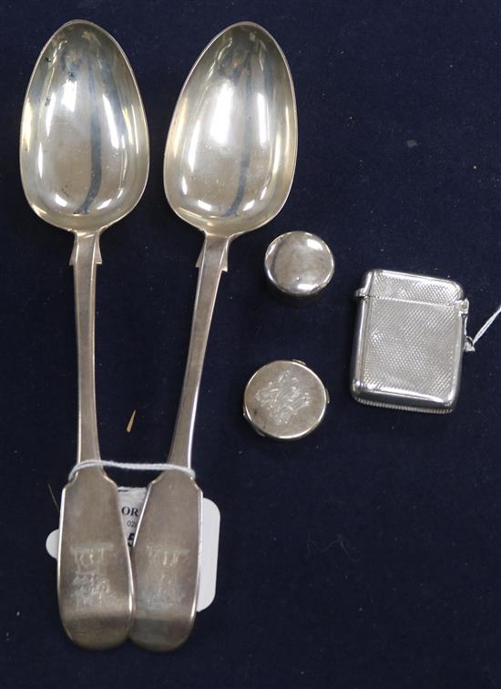 A pair of Victorian silver tablespoons, Newcastle 1848, Reid & Sons, a silver vesta case and two silver patch boxes, one initialled